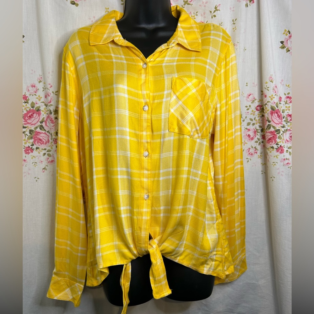Sanctuary Womens Yellow Plaid Tie Front Button Down Shirt Sz Large Long Sleeve